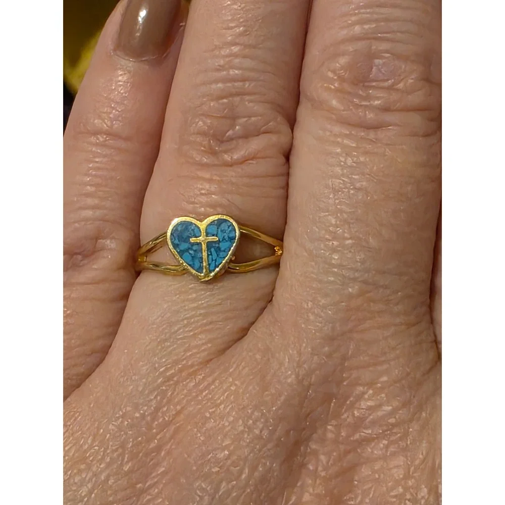 Vintage Style‎ Gold Tone Adjustable Ring Turquoise Heart Cross Faith Jewelry